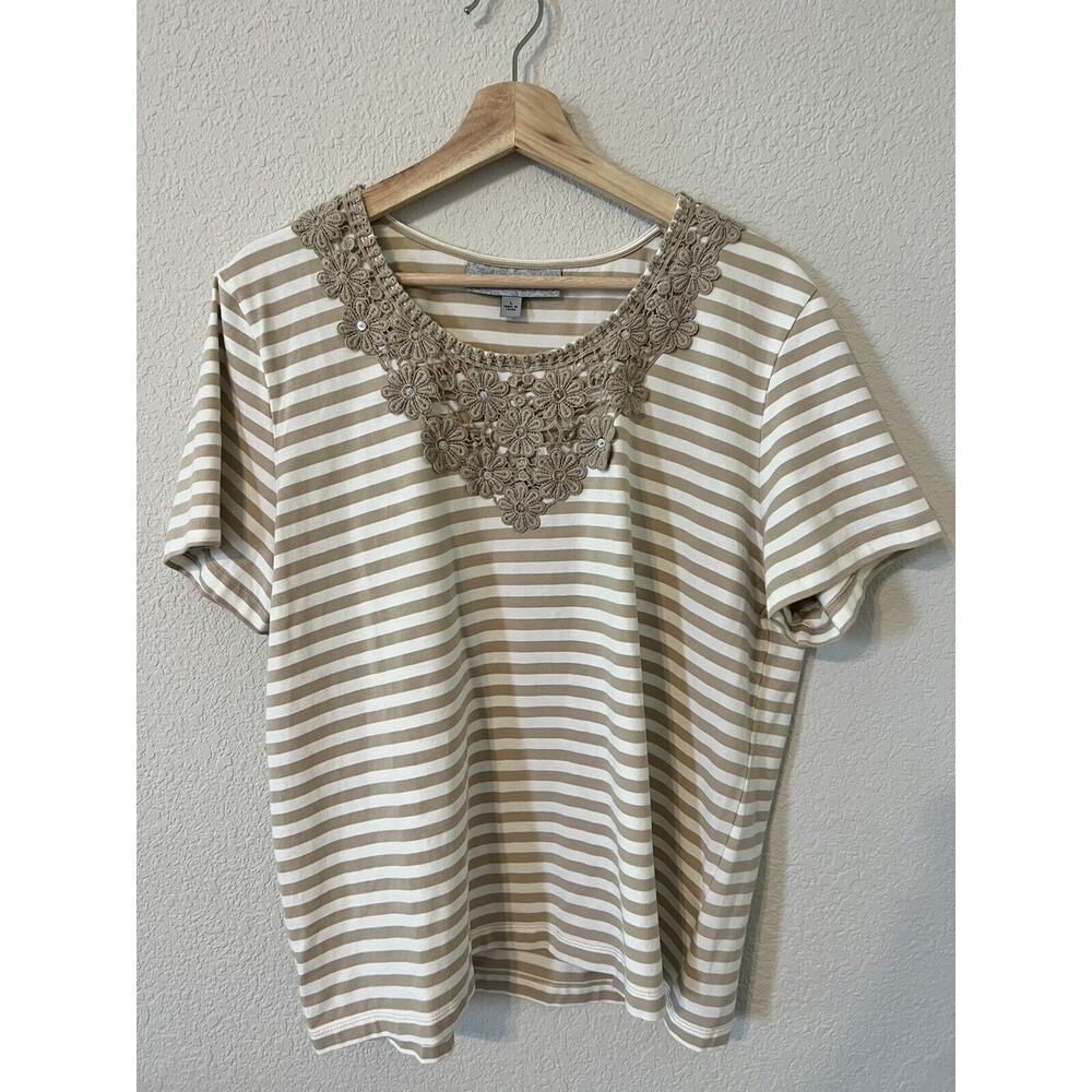 Samantha Grey Shirt Beige with Embroidered Neckline Size Large